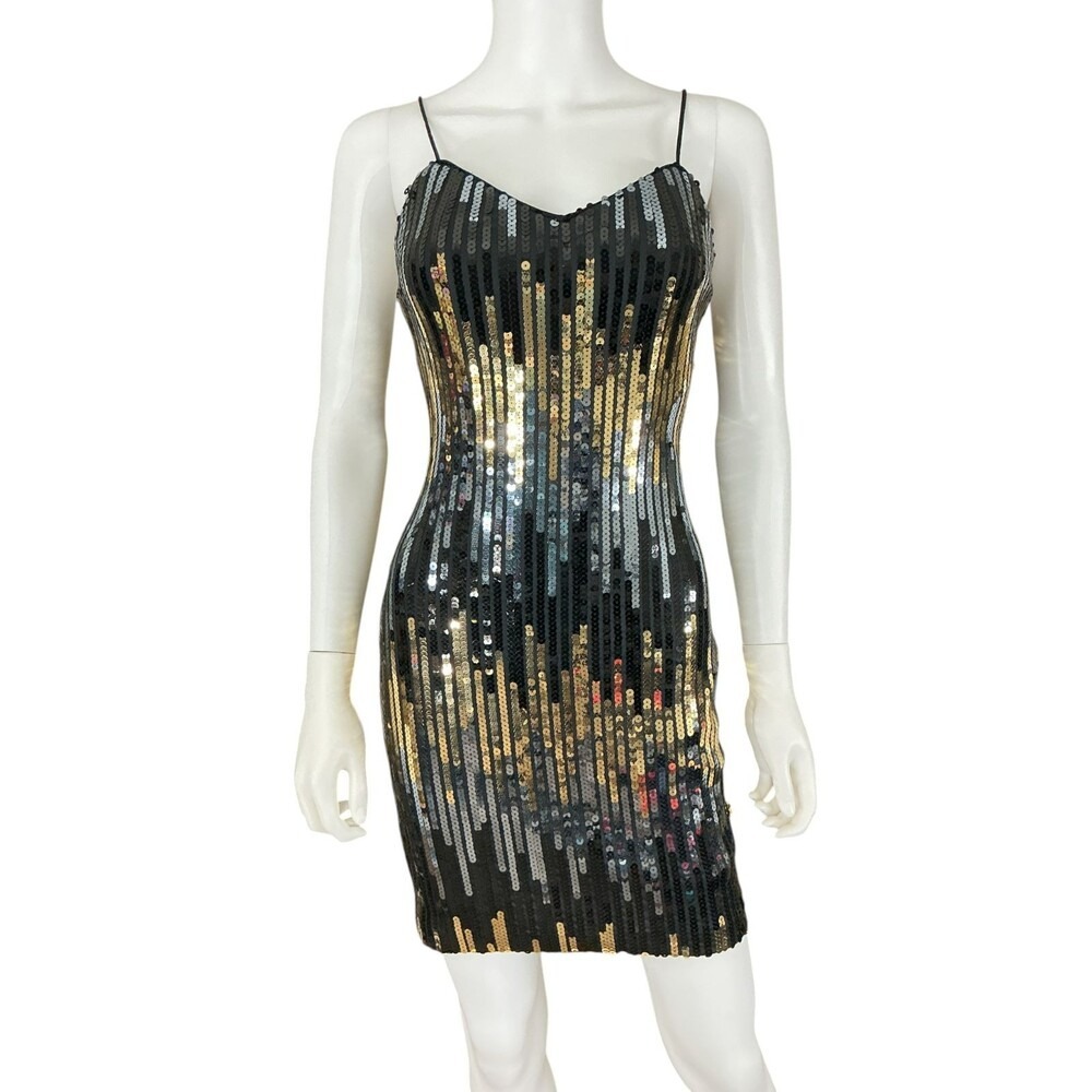 VTG Sequin Slip Mini Dress XS Black Metallic Silver Gold Disco Rave 90s Y2K USA